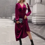 Long Sleeve Velvet Dress for Women Solid Color Elegant Design Autumn Winter Wear