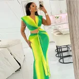 Color Block Hollow Out Bodycon Dress Gradient V Neck Long Sleeve Trendy Style Perfect for Street