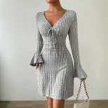 Elegant Gray Flared Sleeve Dress Slim Fit Short Length Minimalist Style Spring Summer Collection