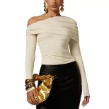 Asymmetrical One Shoulder Long Sleeve T Shirt for Women Slim Fit Ruffled Design Elegant Style Pe