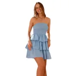 Strapless Summer Dress for Women Light Blue Ruffled Waist Defining Flattering Fit Perfect for Va