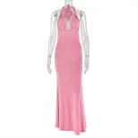 Elegant Womens Bodycon Dress Halter Neck Sleeveless Solid Color Backless Design Perfect for Part