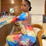 Spring European and American Style Fashionable Backless Dress Color Block Long Sleeve Bodycon Si