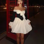 Off Shoulder Dress French Court Style Slim Fit Flared Sleeves Elegant Design Autumn Collection W