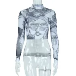 Womens High Waisted Cropped T Shirt Sexy Sheer Mesh Round Neck Long Sleeve Face Print Casual Wea