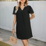 Loose Fit Straight Dress Beaded Detail Fashionable Minimalist Design Black Color for Casual Occa