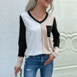 Loose Fit Womens Long Sleeve T Shirt Color Block Design V Neck Comfortable Fabric Casual Wear Wh