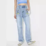 High Waisted Embroidered Wide Leg Jeans Loose Fit Denim Fabric Casual Style Ready to Ship factor