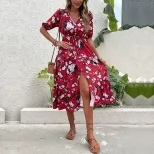 Vintage Floral Print V Neck Split Maxi Dress Summer Fashion for Women Elegant and Romantic Style