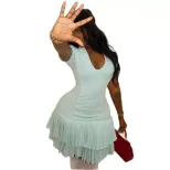 A Line Ruffle Dress Slim Fit Solid Color Short Sleeve U Neck Summer Fashion for Women Wholesale