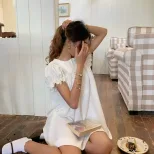 Womens Summer Dress Elegant Slim Fit Loose Puff Sleeve Ruffle Hem White custom packaging