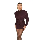 Fashionable Long Sleeve Bodycon Dress Solid Color Pleated Sexy Waist Cinching Autumn Winter Wear