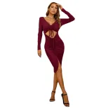 Womens Bodycon Dress Sexy Hollow Out Drawstring Waist Split Hem Elegant Evening Wear OEM Availab