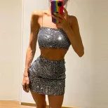 Sequined Crop Top and Skirt Set Strapless Bodycon Fit Sexy Style Perfect for Parties and Night O