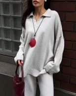 Womens Autumn Winter Solid Color Polo Neck Sweater Set Loose Fit Knit Sweater and Wide Leg Pants