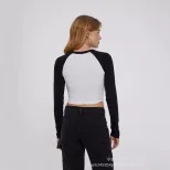 Long Sleeve Cropped T Shirt Slim Fit Color Block Raglan Sleeve Knit Fabric Casual Wear for Autum