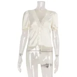 French Lace Panel Tie T Shirt Slim Fit Short Sleeve Summer Style Perfect for Casual Outings Whol