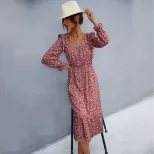 Floral Print Long Sleeve Dress Square Neck Spring Fashion Womens Apparel Wholesale Available