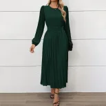Elegant Long Sleeve Pleated Dress in Dark Green and Navy Blue for Autumn Office Wear Wholesale Low MOQ