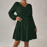 Casual Long Sleeve Ruffled Hem Dress Loose Fit Waist Defined Elegant Style Spring Summer Collect