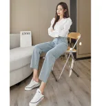 跨境牛仔裤女2023春季新款韩版学生直筒宽松高腰显瘦老爹哈伦裤潮