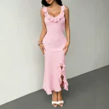 Pink Ruffled Backless Maxi Dress Slim Fit High Slit Summer Style Perfect for Parties and Events