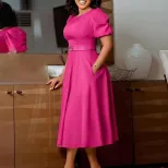 Elegant Puff Sleeve Midi Dress with Round Neckline in Green Red and Black for Women Wholesale low MOQ