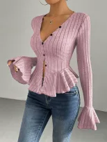 Elegant Womens T Shirt V Neck Ruffle Hem Slim Fit Spring Summer Fashion Wholesale Available