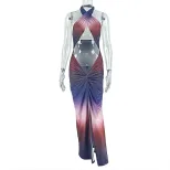 Gradient Color Print Bodycon Dress Sexy Halter Neck High Slit and Cropped Design Perfect for Par
