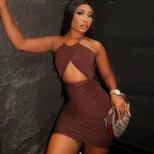Metal Chain Halter Neck Bodycon Dress Ruffled Hollow Out Slim Fit Fashionable Evening Wear Party
