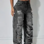 Casual Ripped Straight Leg Womens Jeans Versatile Trendy Comfortable Perfect for Everyday Wear R