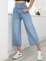 High Waisted Wide Leg Jeans Straight Cut Cropped Length Denim Fabric Casual Wear for Women Whole