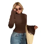 Slim Fit Long Sleeve Top High Neck Ruffle Trim Bell Sleeves Sexy Style for Parties or Casual Wea
