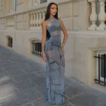 Fashionable Womens Bodycon Maxi Dress European Style Sleeveless Halter Neck Denim Patchwork Perfect for Parties