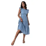 Blue Floral Print High Waist Midi Dress for Women Summer Style Available in Multiple Sizes Wholesale Supply