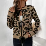 Womens Leopard Print Cardigan Sweater Round Neck Tie Closure Long Sleeve Casual Wear for Fall Winter Wholesale