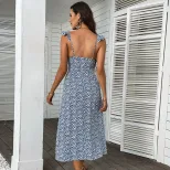 Floral Print Maxi Dress Sweet Country Style Sleeveless High Slit Lightweight Fabric Summer Casua