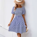 French Country Style Striped Dress Sweet Square Neck Puff Sleeves Lightweight Fabric Perfect for