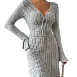 Elegant Gray Flared Sleeve Dress Slim Fit Short Length Minimalist Style Spring Summer Collection