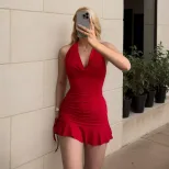 Summer V Neck Bodycon Dress Sexy Halter Style Elegant Fit Trendy Design Perfect for Parties and