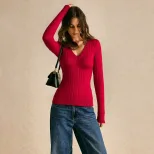 Vintage Inspired V Neck Sweater Slim Fit Long Sleeve Striped Lightweight Fabric Spring Summer Un