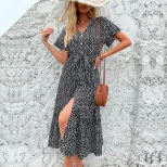 Summer Fashion Leopard Print Midi Dress for Women Short Sleeve Split Design Trendy Style Perfect