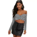 Off Shoulder Striped Crop Top Slim Fit Long Sleeve Casual Style Perfect for Spring and Summer Wh