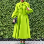 Fashionable High Waisted Lantern Sleeve Dress Plus Size Bow Tie Flared Skirt Spring Summer Occas