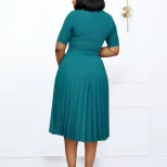 Pleated Midi Dress Round Neck Plus Size Elegant Design Perfect for Casual or Formal Occasions Wh