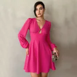 Womens Mini A Line Dress V Neck Puff Sleeves Waist Defined Elegant Autumn Winter Style Wholesale