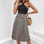 Sleeveless Color Block Halter Dress Crossed Neckline Elegant Design Perfect for Summer Events Wh
