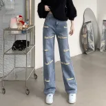 刺绣直筒牛仔裤女2023春秋新款学生甜美可爱设计感宽松拖地长裤潮