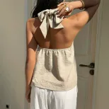 Summer Womens Halter Neck Tank Top French Vintage Style Loose Fit Backless Design Casual Wear Wh
