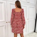Off Shoulder Leopard Print Beach Dress Square Neck Lightweight Fabric Spring Fall Style Wholesal
